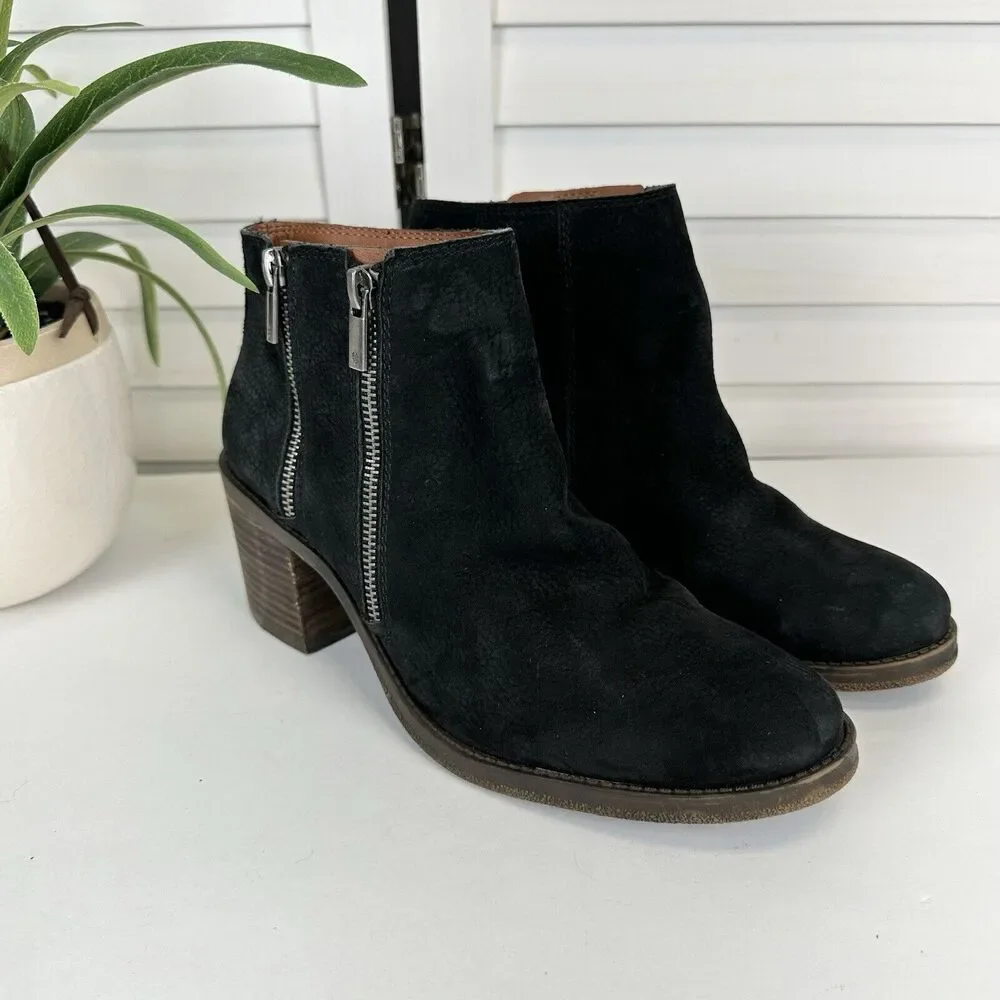 Lucky Brand Roquee Zippered Ankle Booties Black Leather‎ Block Heel Size 10 M